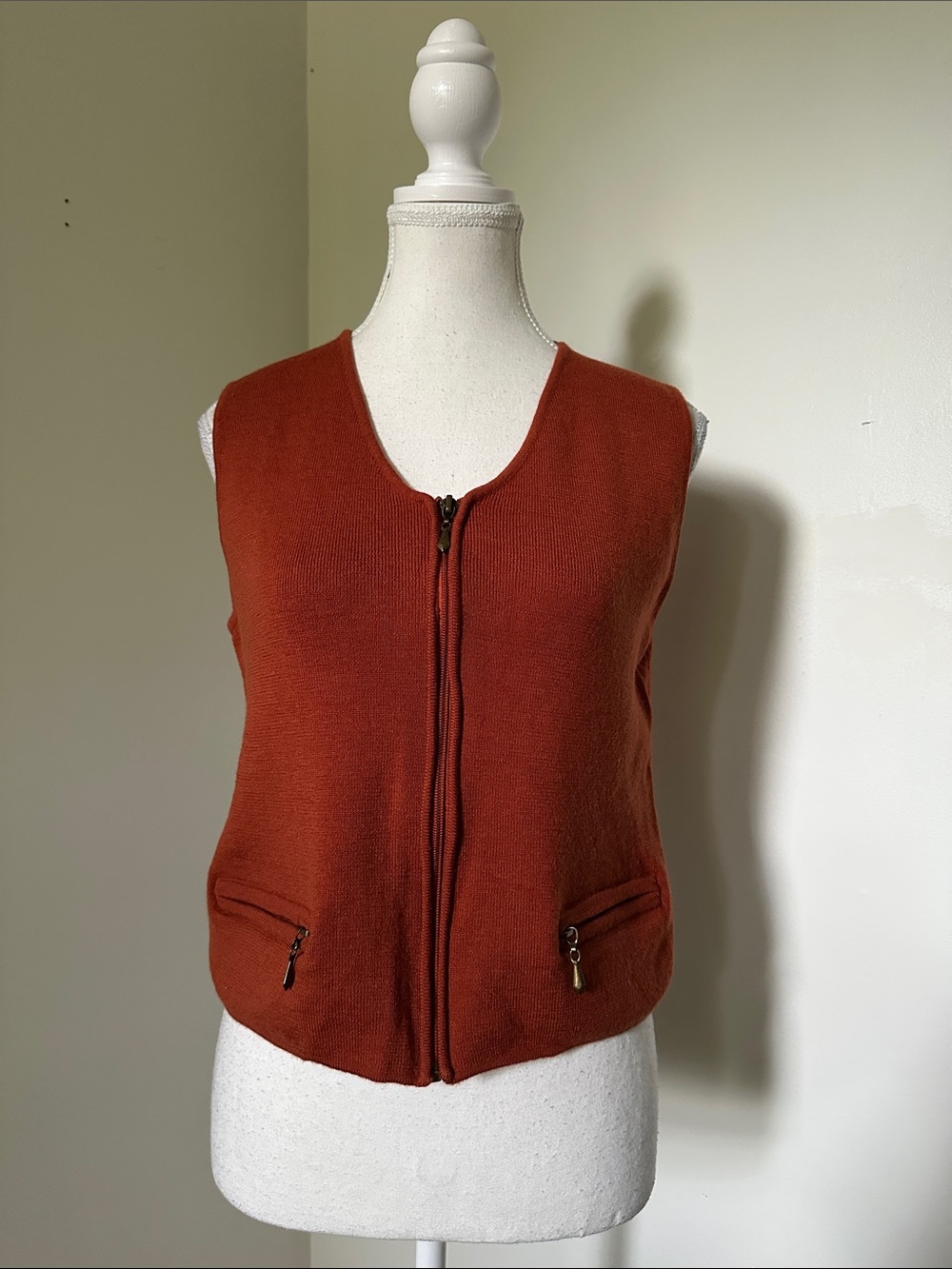 CLICHY 100% Merino Wool Burnt Orange Knit Boho Fall Autumn Zip Up Vest Small